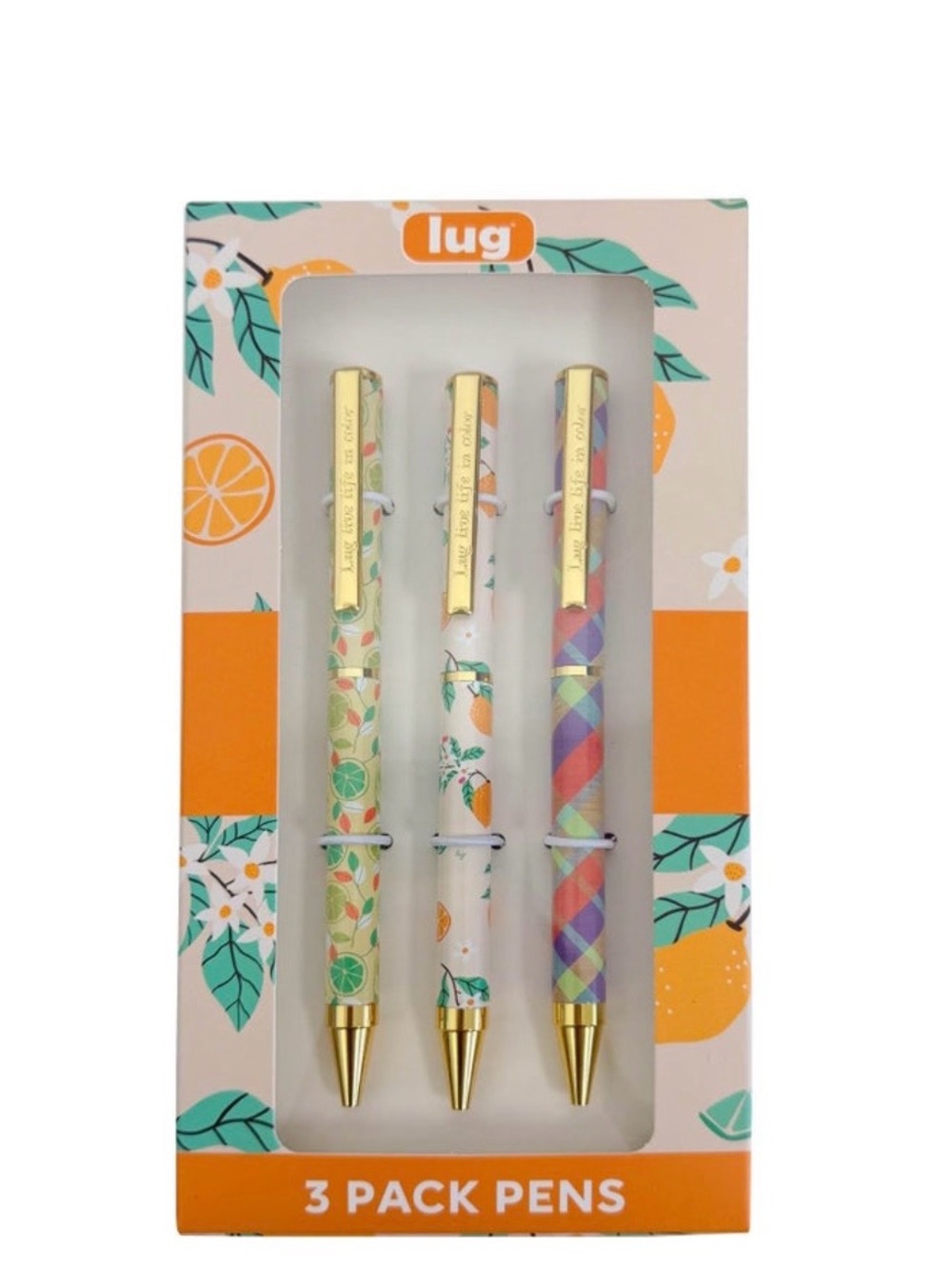 Lug  Citrus Plaid 3-Pack Ballpoint Pens - Gold Trim. New In Box